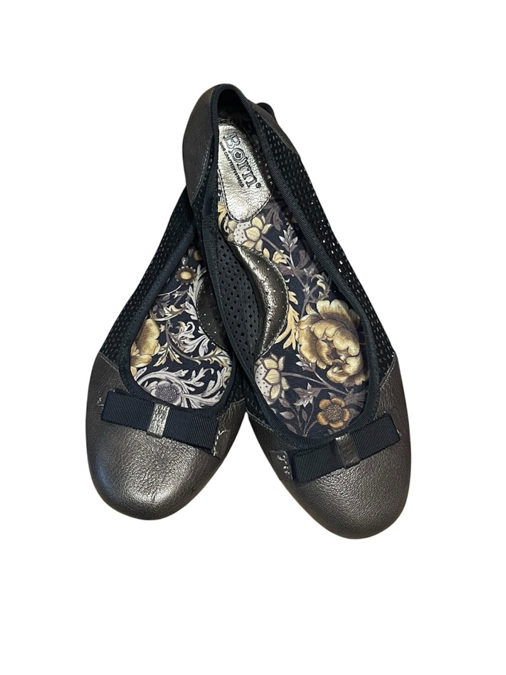 Born Mardea Bow Women Leather Ballet Flat Shoes Floral Bronze Black Size 10 Boho
